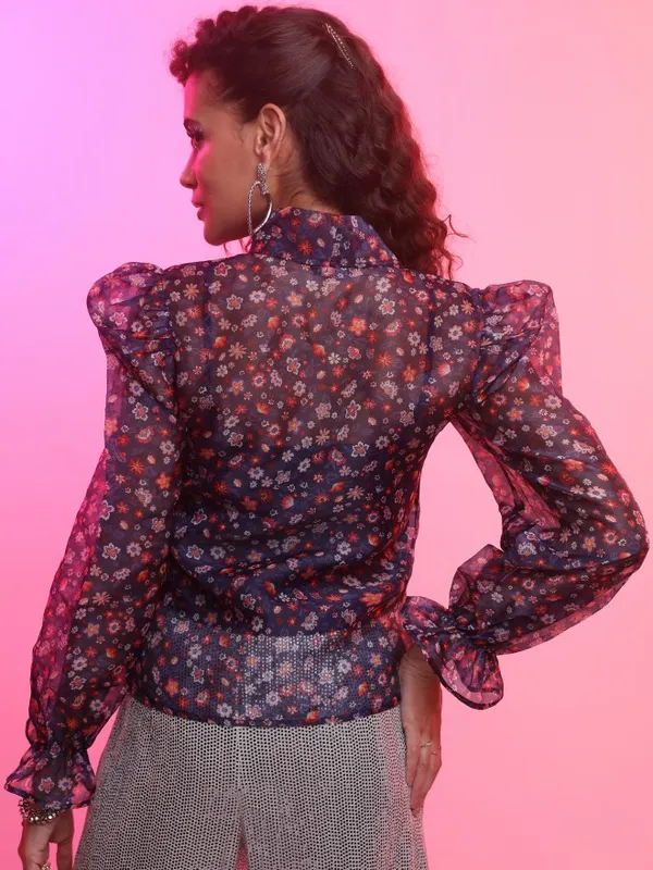 Tokyo Talkies Women Navy Blue Printed Blouson Top