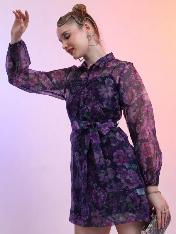 Tokyo Talkies Women Purple Printed Shirt Dress