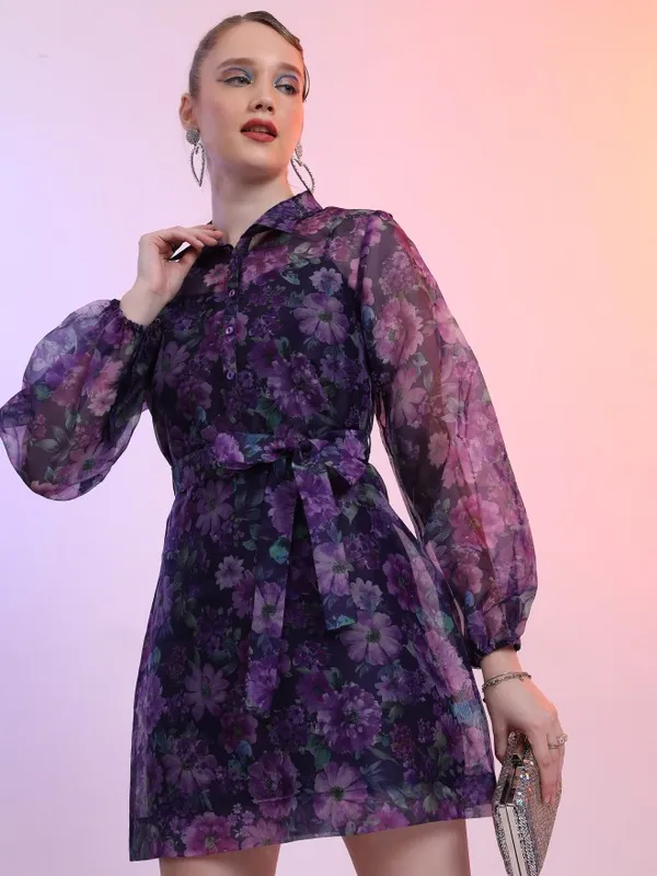 Tokyo Talkies Women Purple Printed Shirt Dress