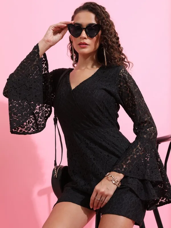 Tokyo Talkies Women Black Self Design Jumpsuit