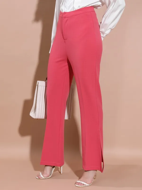  Tokyo Talkies Women Coral Solid Flared Casual Trousers