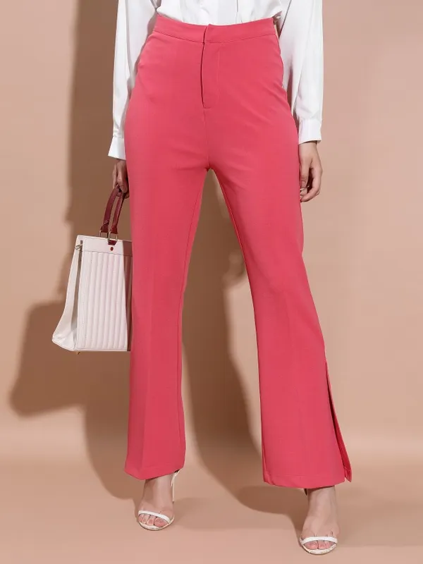  Tokyo Talkies Women Coral Solid Flared Casual Trousers