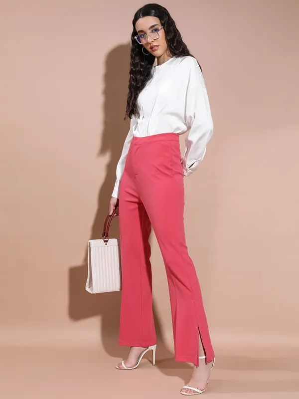  Tokyo Talkies Women Coral Solid Flared Casual Trousers