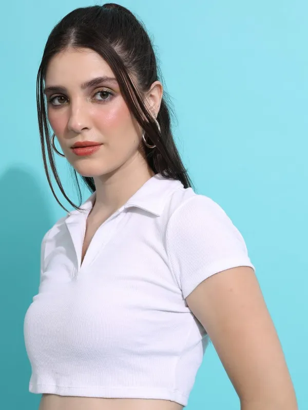 Tokyo Talkies Women White Solid Fitted Top