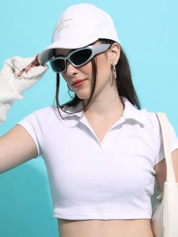 Tokyo Talkies Women White Solid Fitted Top