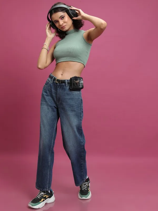  Tokyo Talkies Women Green Solid Fitted Tops