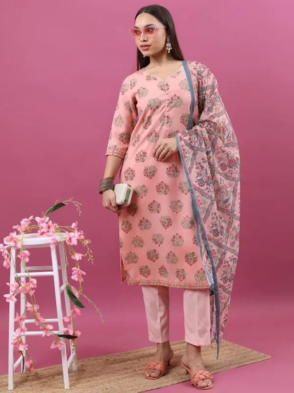Ketch Women Peach Printed Kurta With Trouser And Dupatta