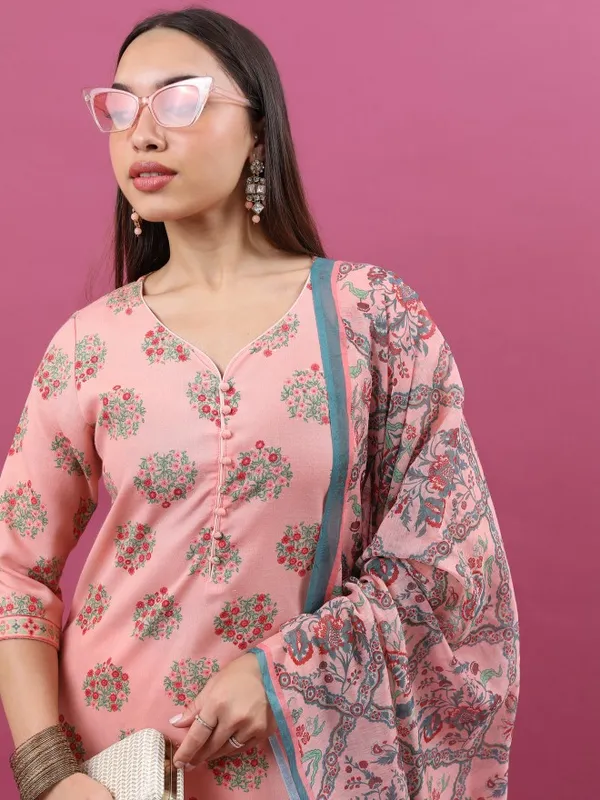 Ketch Women Peach Printed Kurta With Trouser And Dupatta