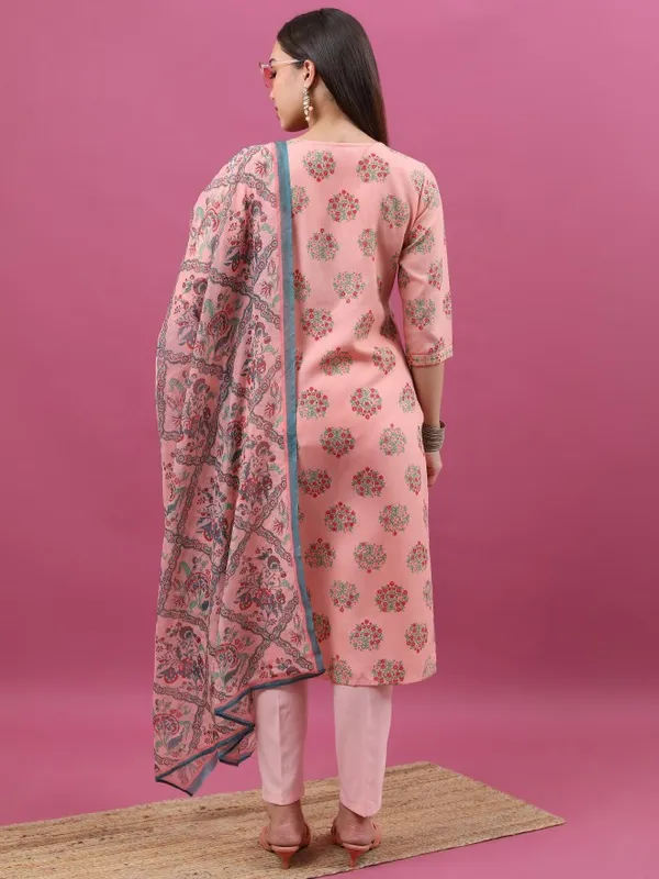 Ketch Women Peach Printed Kurta With Trouser And Dupatta