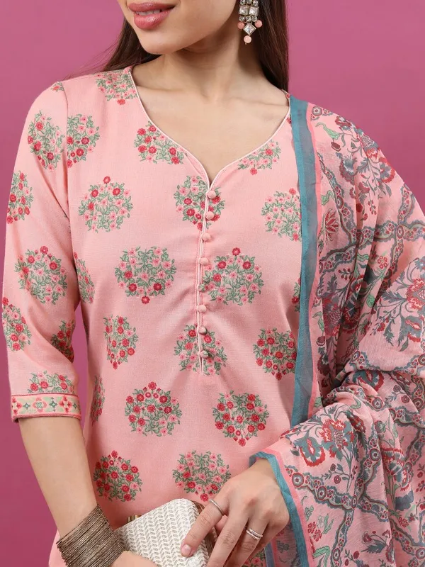 Ketch Women Peach Printed Kurta With Trouser And Dupatta