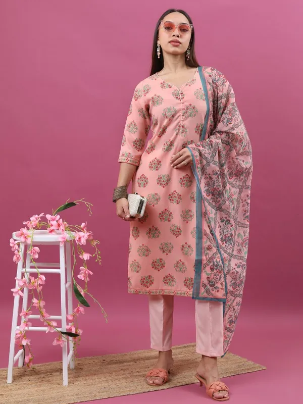 Ketch Women Peach Printed Kurta With Trouser And Dupatta