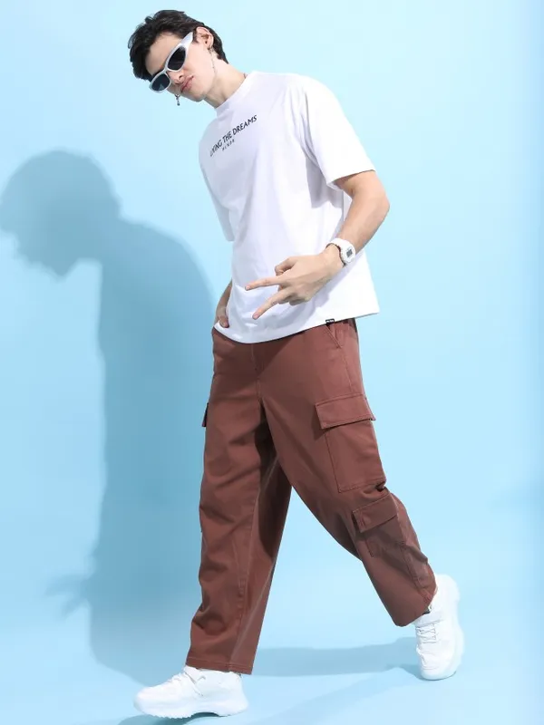  Highlander Men Terracotta Regular Fit Solid Casual Trousers