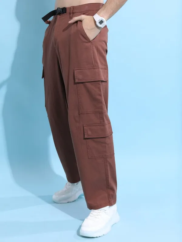  Highlander Men Terracotta Regular Fit Solid Casual Trousers