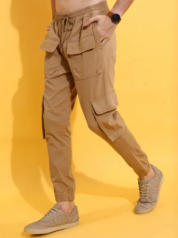  Highlander Men Beige Regular Fit Solid Casual Trousers