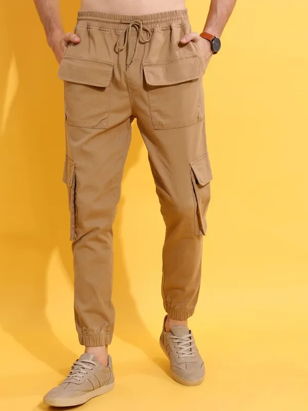  Highlander Men Beige Regular Fit Solid Casual Trousers