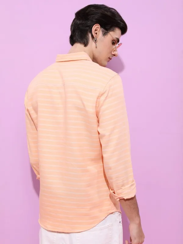  Ketch Men Orange Striped Slim Fit Casual Shirts