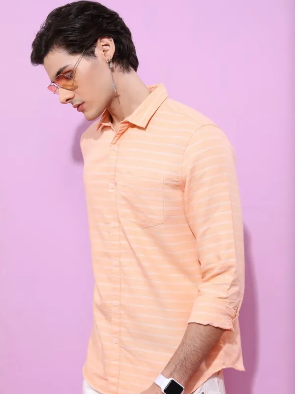  Ketch Men Orange Striped Slim Fit Casual Shirts