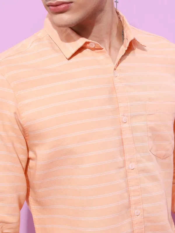  Ketch Men Orange Striped Slim Fit Casual Shirts