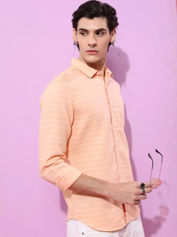  Ketch Men Orange Striped Slim Fit Casual Shirts