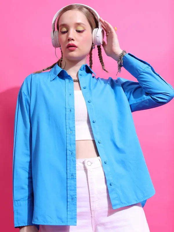  Tokyo Talkies Women Blue Solid Casual Shirts