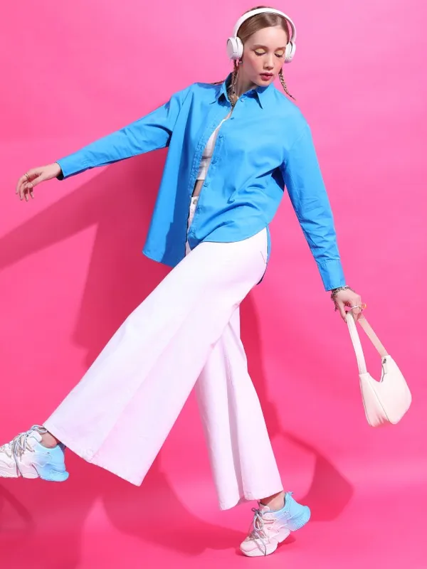  Tokyo Talkies Women Blue Solid Casual Shirts