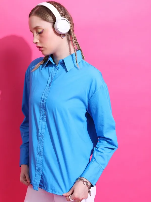  Tokyo Talkies Women Blue Solid Casual Shirts