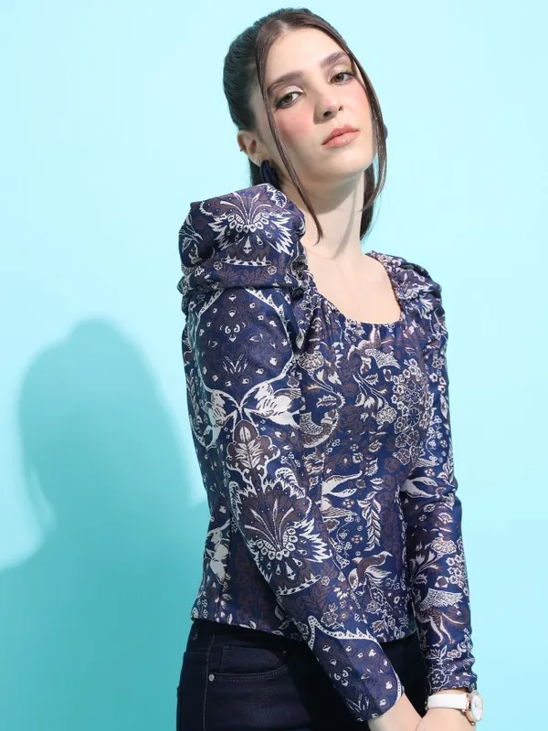 Tokyo Talkies Women Navy Blue Self Design Regular Top