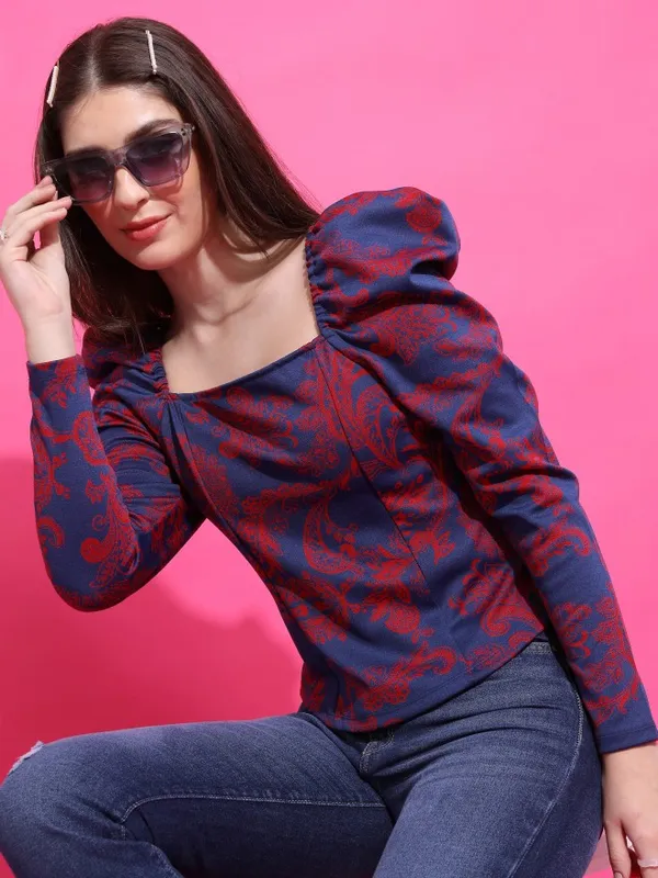  Tokyo Talkies Women Blue Self Design Fitted Tops
