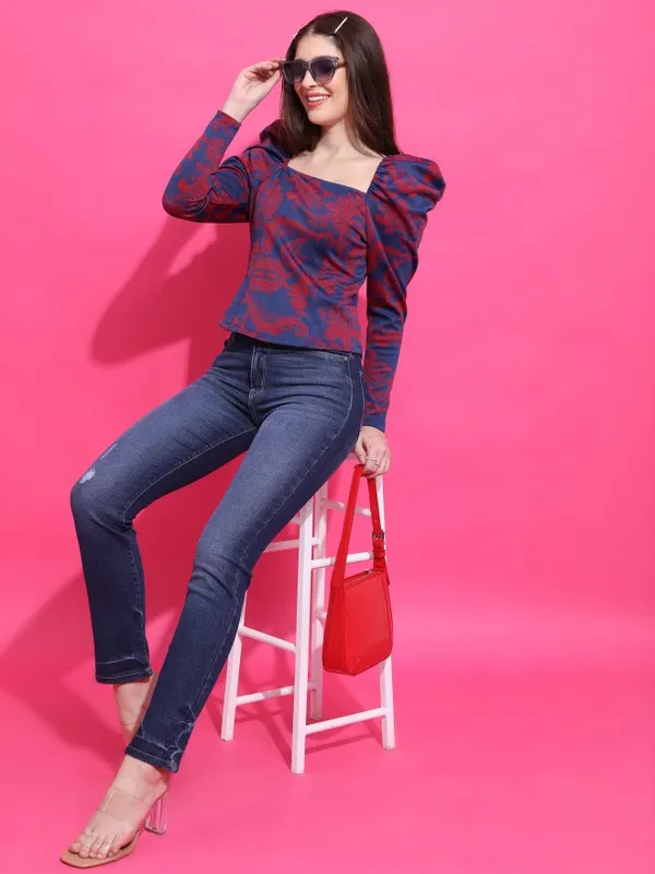  Tokyo Talkies Women Blue Self Design Fitted Tops