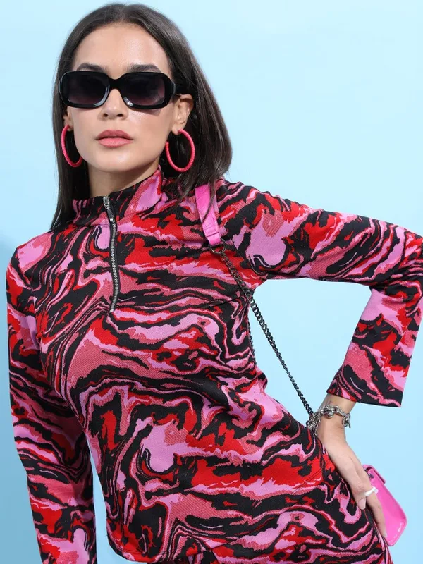  Tokyo Talkies Women Red Self Design Regular Tops