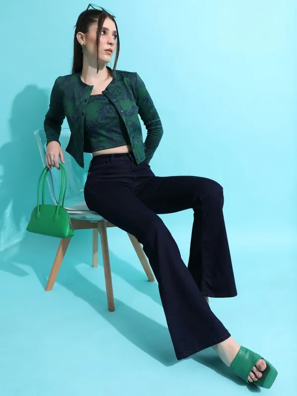 Tokyo Talkies Women Green Self Design Fitted Top