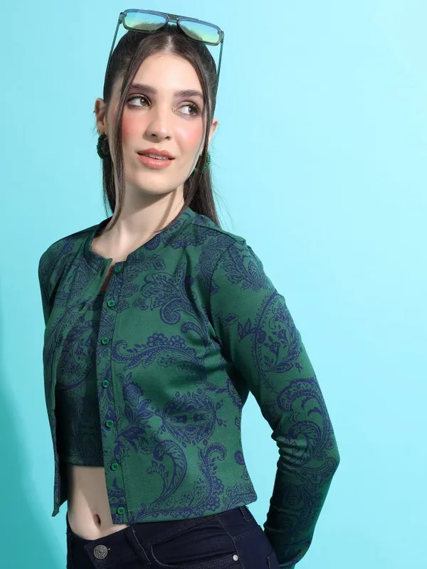 Tokyo Talkies Women Green Self Design Fitted Top