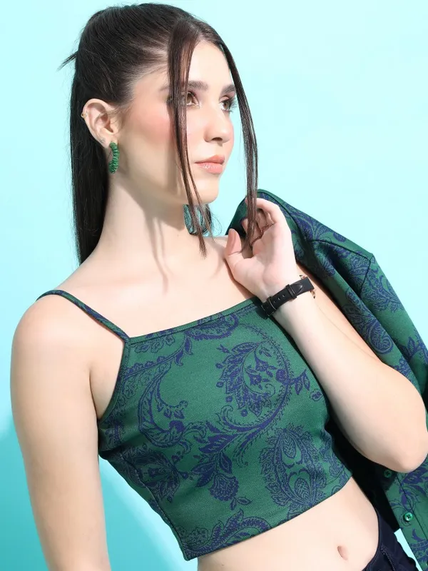 Tokyo Talkies Women Green Self Design Fitted Top
