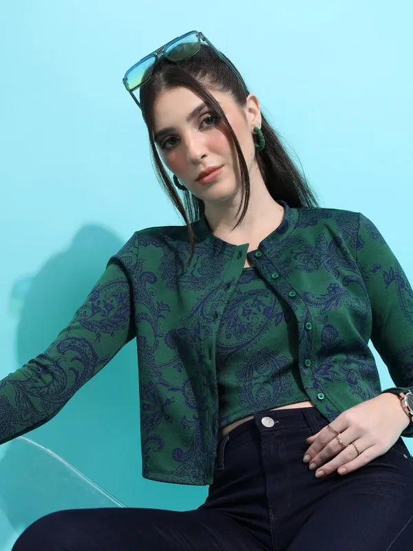  Tokyo Talkies Women Green Self Design Fitted Tops