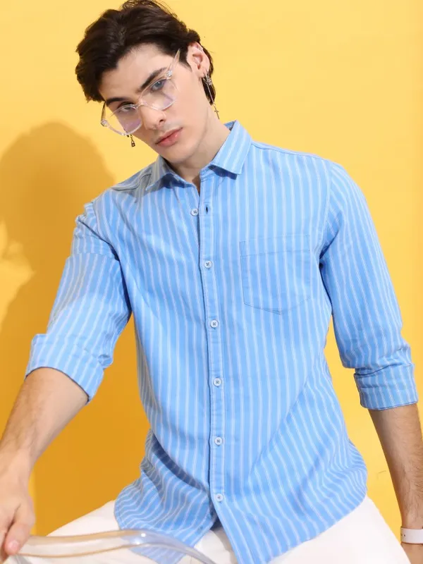  Highlander Men Blue Striped Slim Fit Casual Shirts