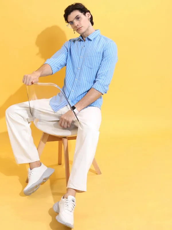 Highlander Men Blue Striped Slim Fit Casual Shirts