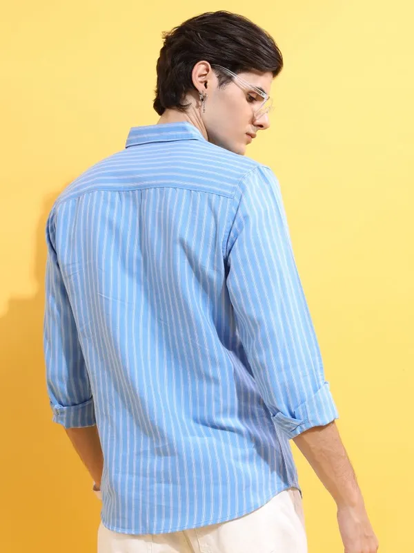  Highlander Men Blue Striped Slim Fit Casual Shirts