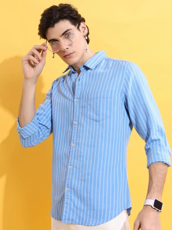  Highlander Men Blue Striped Slim Fit Casual Shirts