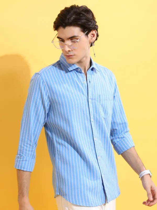  Highlander Men Blue Striped Slim Fit Casual Shirts