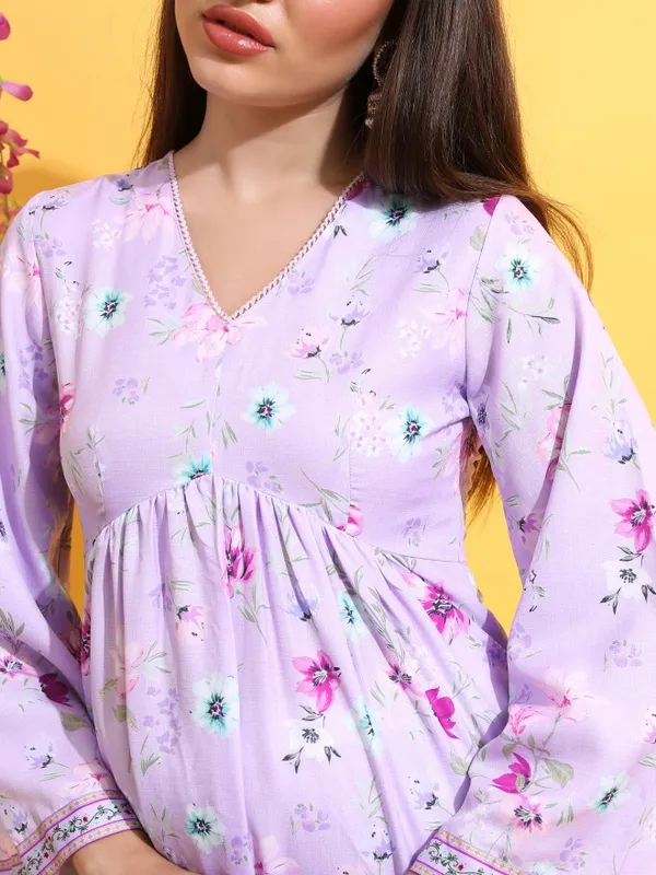 Vishudh Women Lavender Printed A-Line Kurta