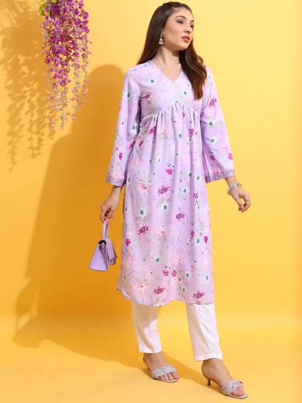 Vishudh Women Lavender Printed A-Line Kurta