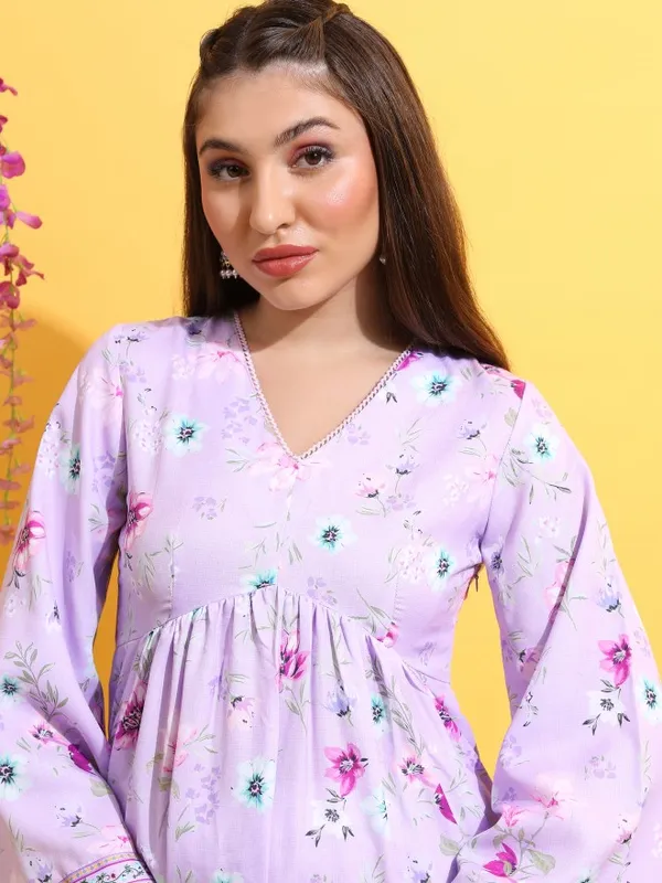 Vishudh Women Lavender Printed A-Line Kurta