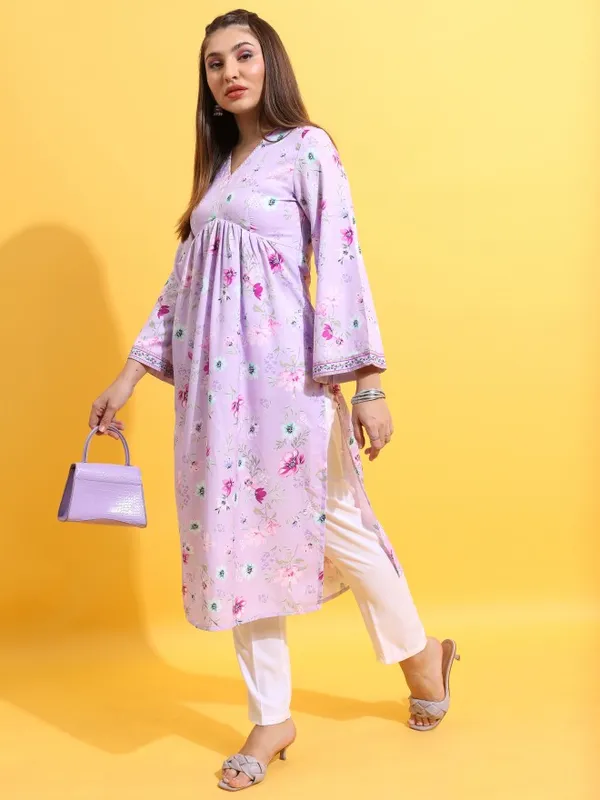 Vishudh Women Lavender Printed A-Line Kurta