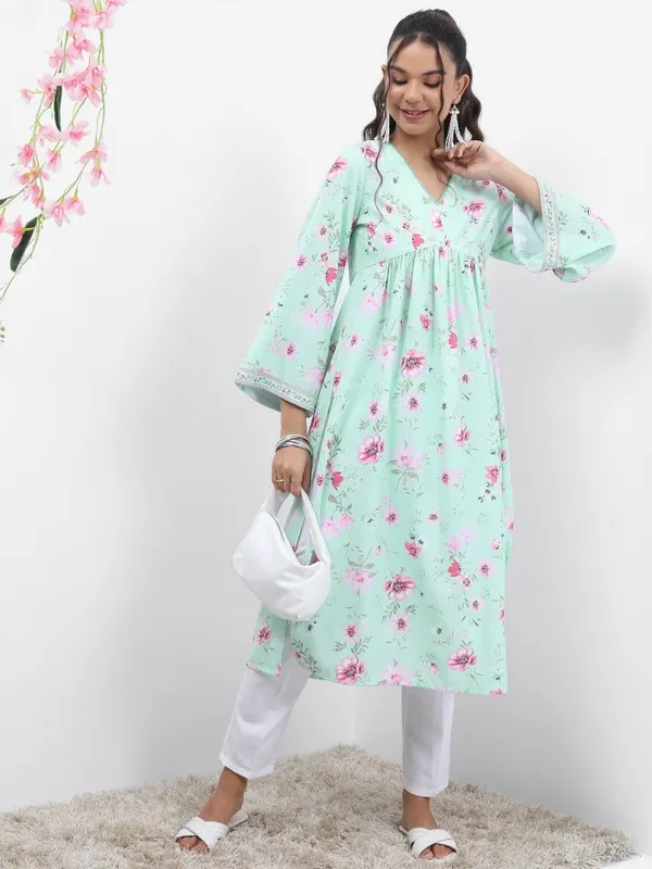  Vishudh Women Blue Printed A-Line Kurtas