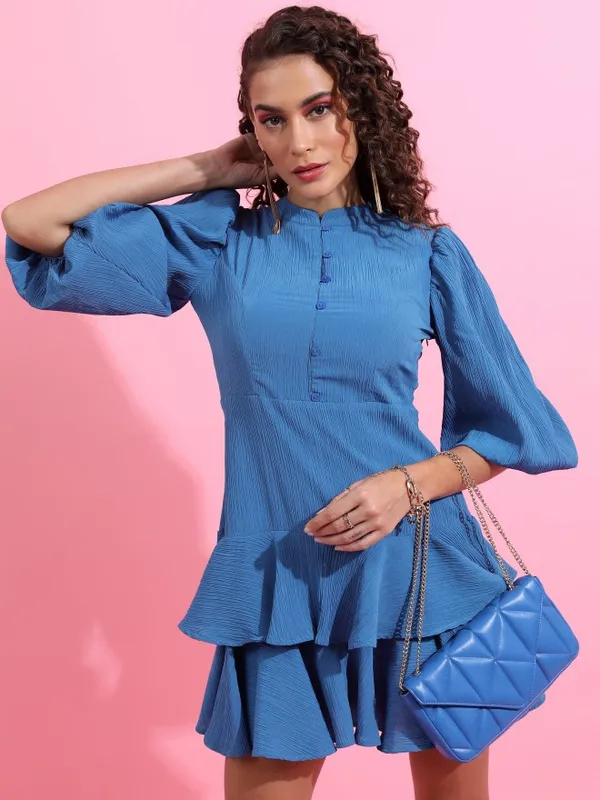 Tokyo Talkies Women Blue Solid Fit And Flare Dress