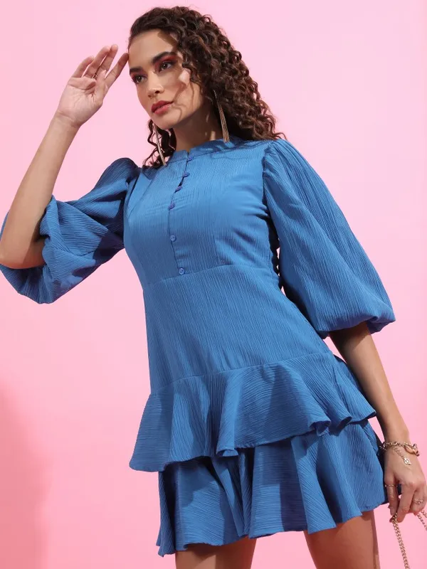 Tokyo Talkies Women Blue Solid Fit And Flare Dress