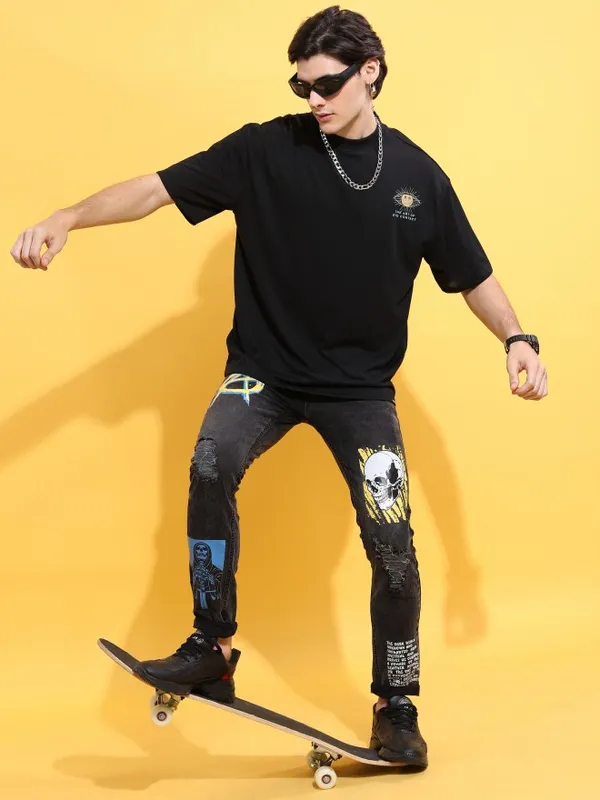 Highlander Men Black Slim Fit Highly Distressed Jeans