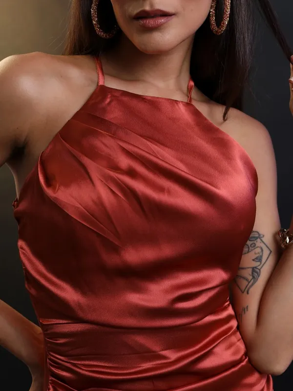 Tokyo Talkies Women Rust Solid Fit And Flare Dress