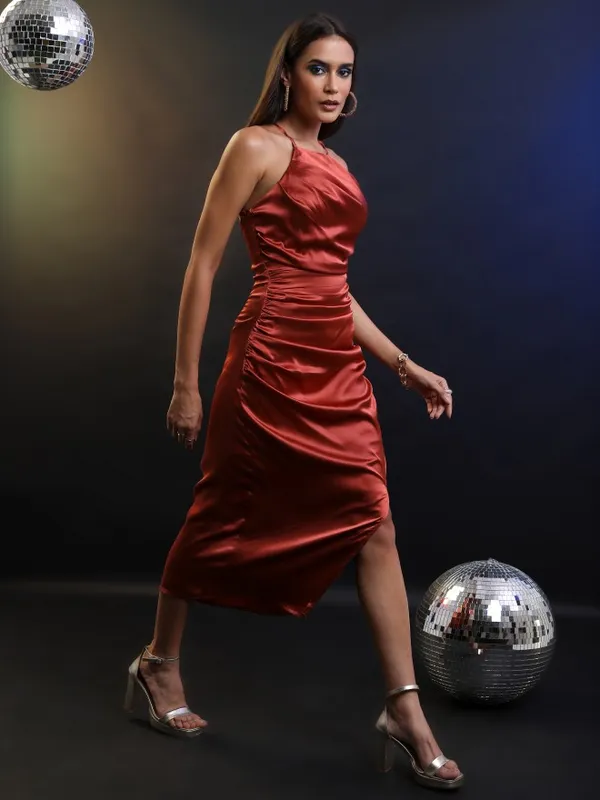 Tokyo Talkies Women Rust Solid Fit And Flare Dress