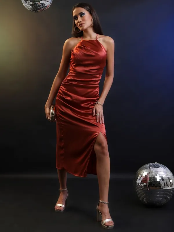 Tokyo Talkies Women Rust Solid Fit And Flare Dress